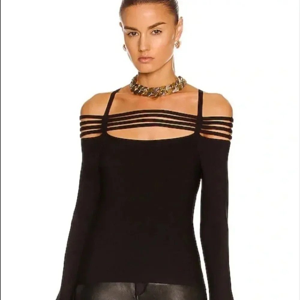 Jonathan Simkhai Sarah Cold Shoulder Black Strappy Long Sleeve Top XS